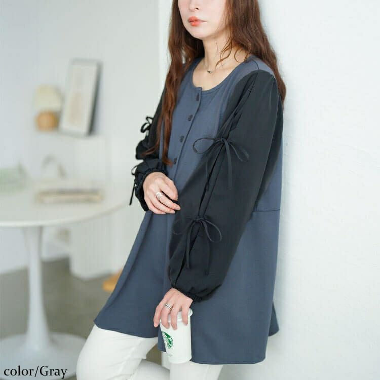 大きいサイズ レディース 袖リボン異素材切り替えペプラムチュニック　fem-609