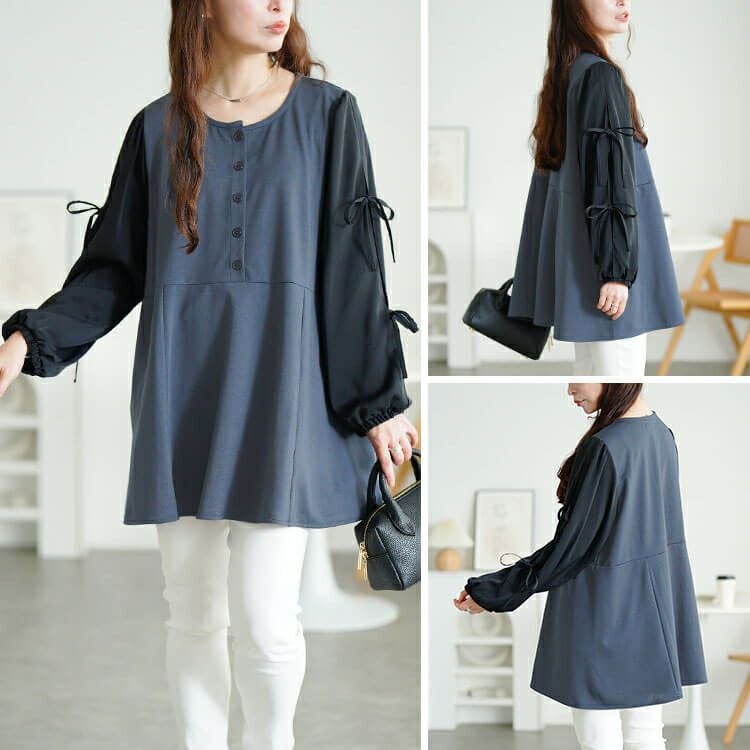 大きいサイズ レディース 袖リボン異素材切り替えペプラムチュニック　fem-609