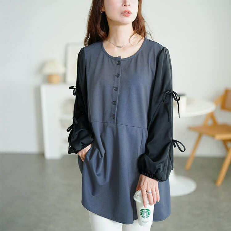 大きいサイズ レディース 袖リボン異素材切り替えペプラムチュニック　fem-609