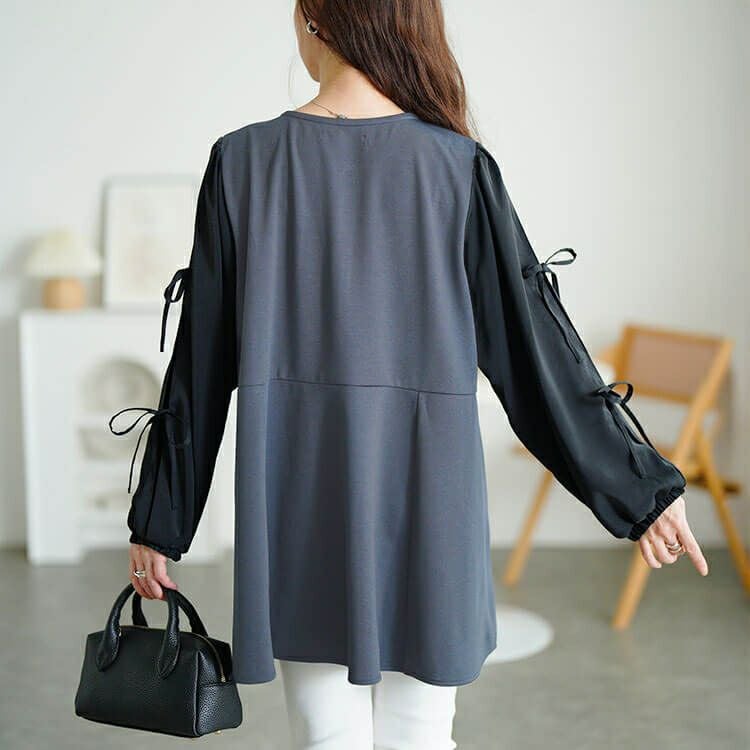 大きいサイズ レディース 袖リボン異素材切り替えペプラムチュニック　fem-609