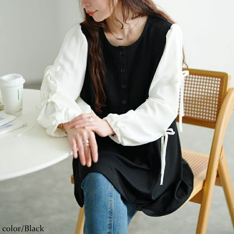 大きいサイズ レディース 袖リボン異素材切り替えペプラムチュニック　fem-609