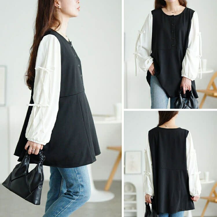 大きいサイズ レディース 袖リボン異素材切り替えペプラムチュニック　fem-609