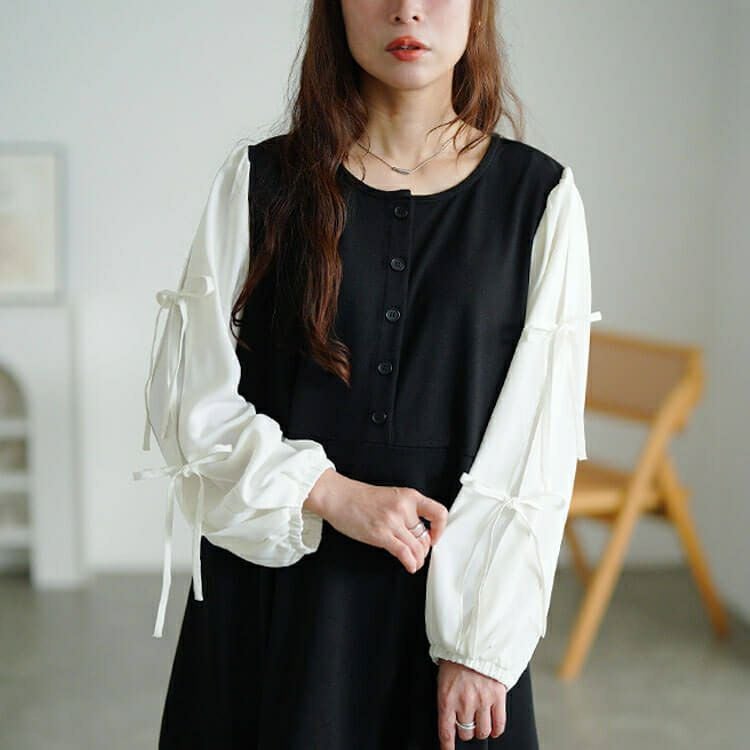 大きいサイズ レディース 袖リボン異素材切り替えペプラムチュニック　fem-609