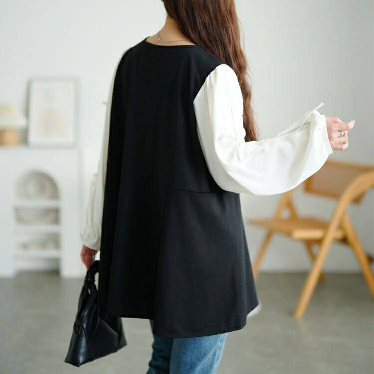 大きいサイズ レディース 袖リボン異素材切り替えペプラムチュニック　fem-609