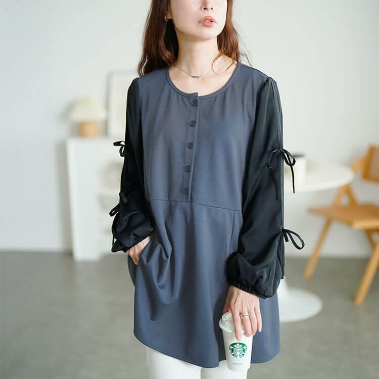 大きいサイズ レディース 袖リボン異素材切り替えペプラムチュニック　fem-609 グレー