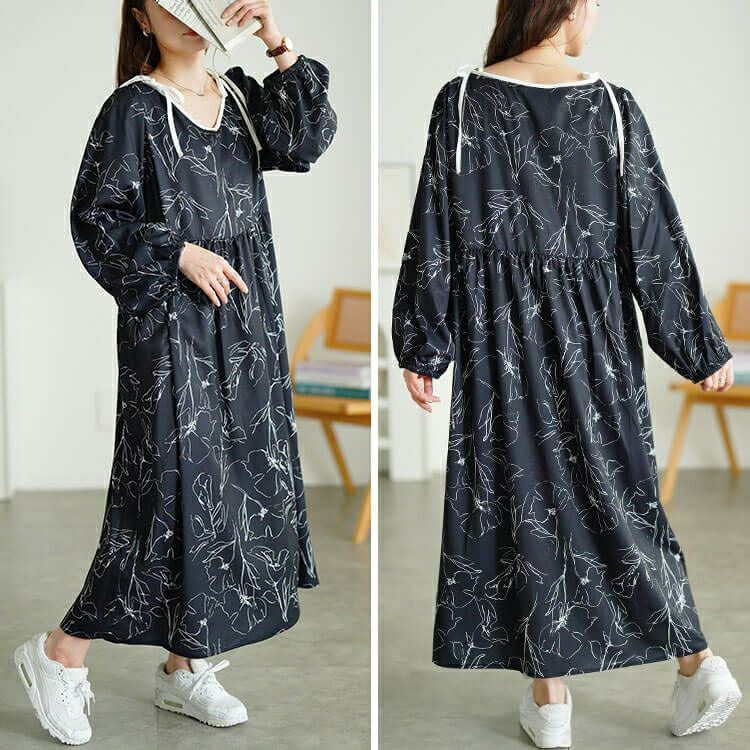 大きいサイズ レディース 花柄配色パイピング肩リボンワンピース　fem-608 【メール便可】