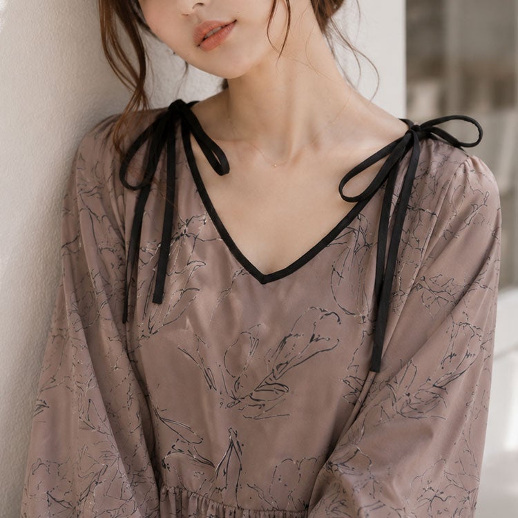 大きいサイズ レディース 花柄配色パイピング肩リボンワンピース　fem-608 【メール便可】