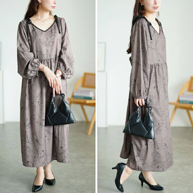 大きいサイズ レディース 花柄配色パイピング肩リボンワンピース　fem-608 【メール便可】