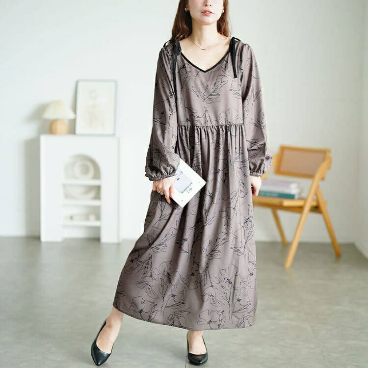 大きいサイズ レディース 花柄配色パイピング肩リボンワンピース　fem-608 【メール便可】