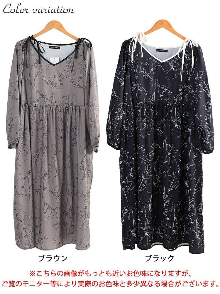 大きいサイズ レディース 花柄配色パイピング肩リボンワンピース　fem-608 【メール便可】