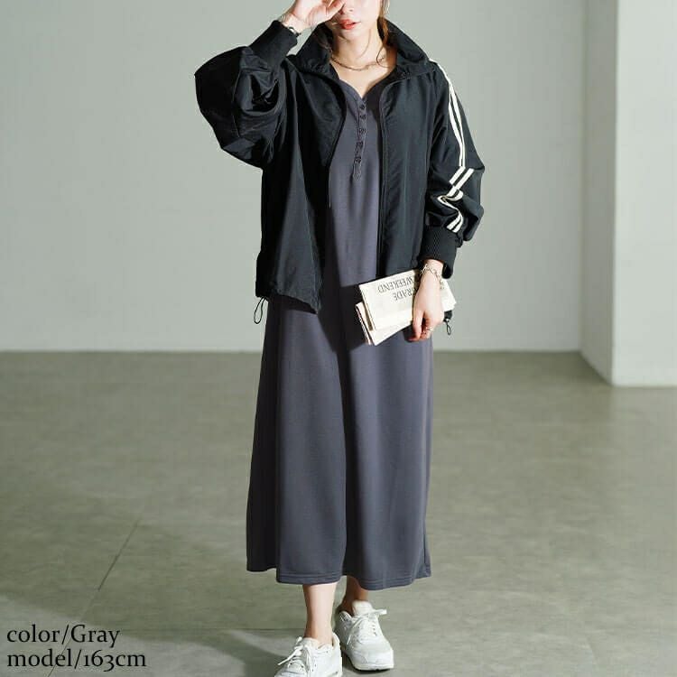 大きいサイズ レディース 袖シャーリングヘンリーネックワンピース　fem-607