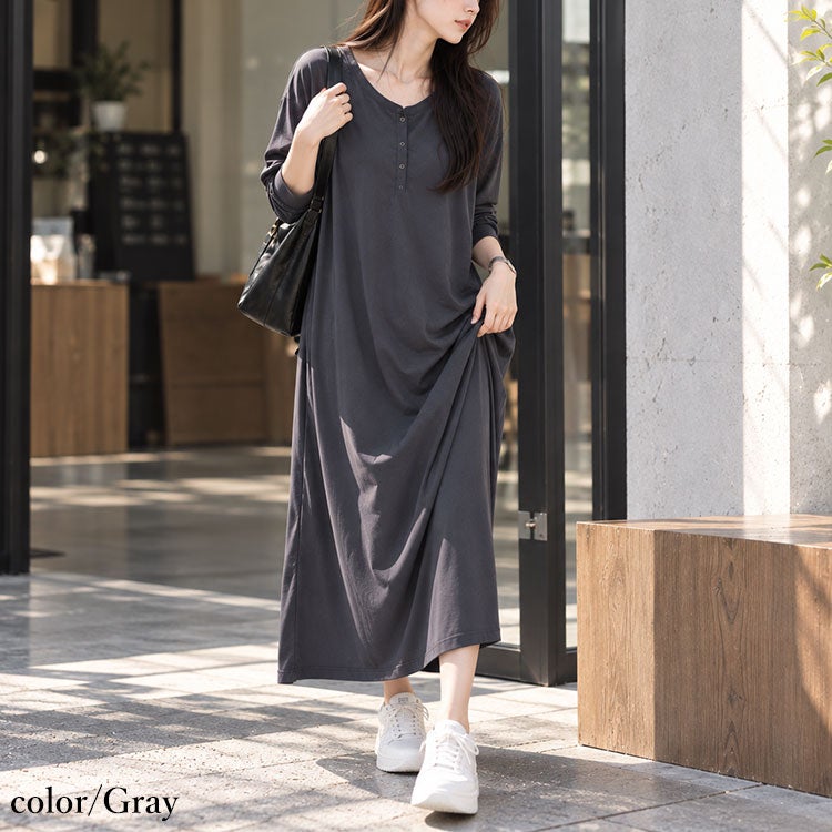 大きいサイズ レディース 袖シャーリングヘンリーネックワンピース　fem-607