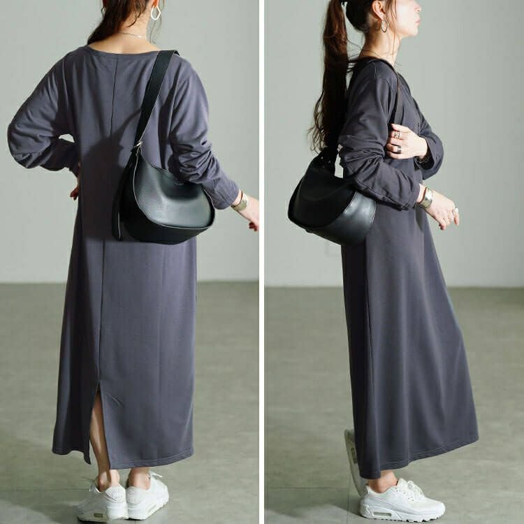 大きいサイズ レディース 袖シャーリングヘンリーネックワンピース　fem-607