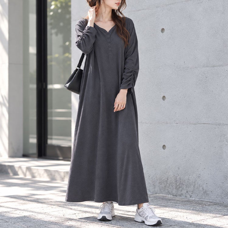 大きいサイズ レディース 袖シャーリングヘンリーネックワンピース　fem-607