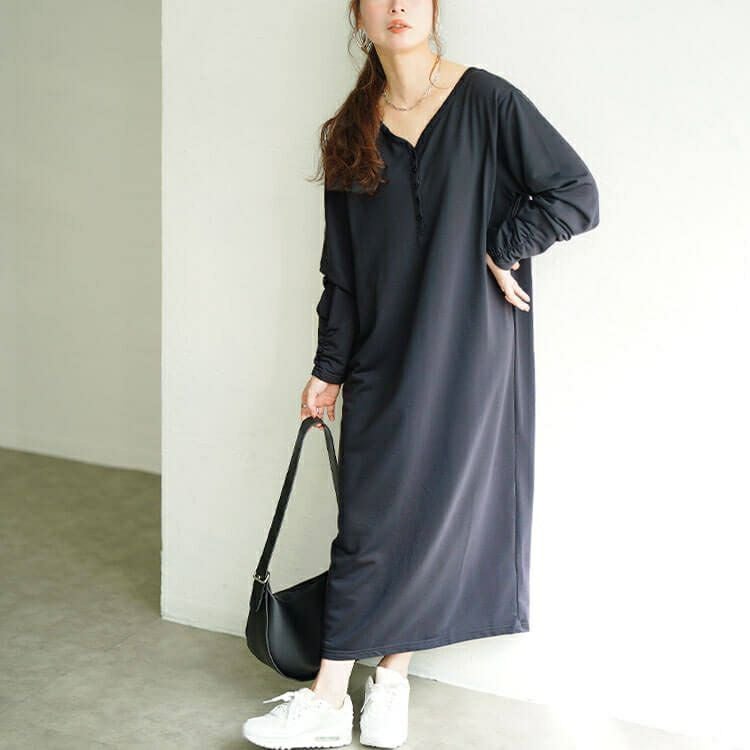 大きいサイズ レディース 袖シャーリングヘンリーネックワンピース　fem-607