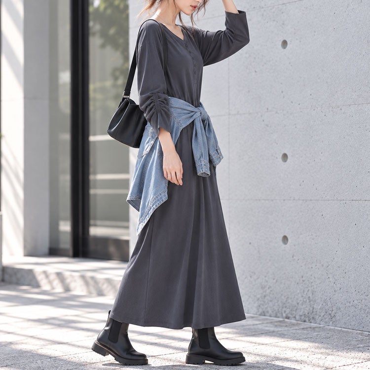 大きいサイズ レディース 袖シャーリングヘンリーネックワンピース　fem-607