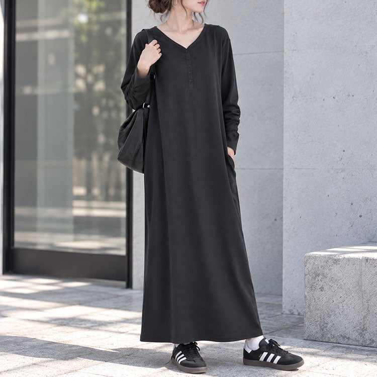 大きいサイズ レディース 袖シャーリングヘンリーネックワンピース　fem-607