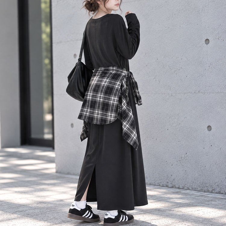 大きいサイズ レディース 袖シャーリングヘンリーネックワンピース　fem-607