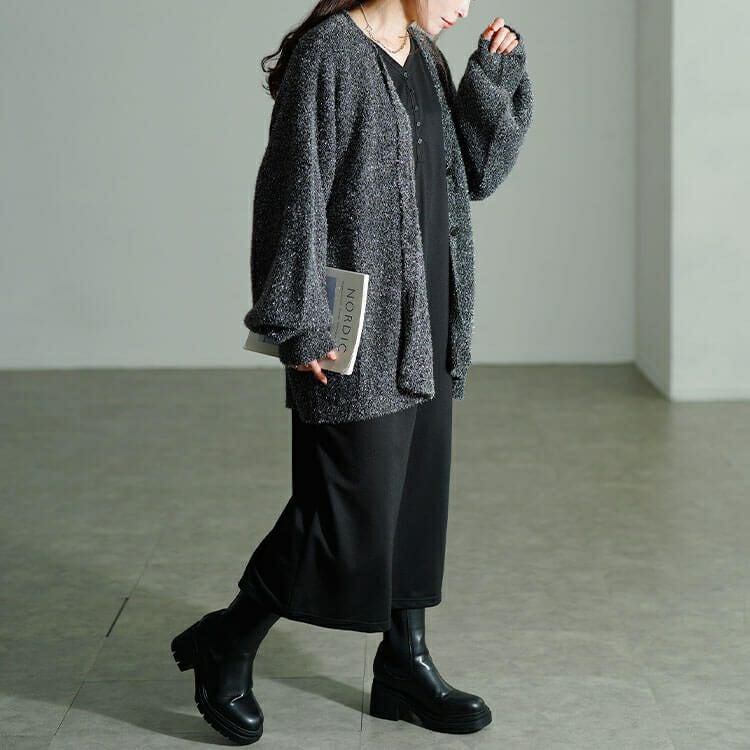 大きいサイズ レディース 袖シャーリングヘンリーネックワンピース　fem-607