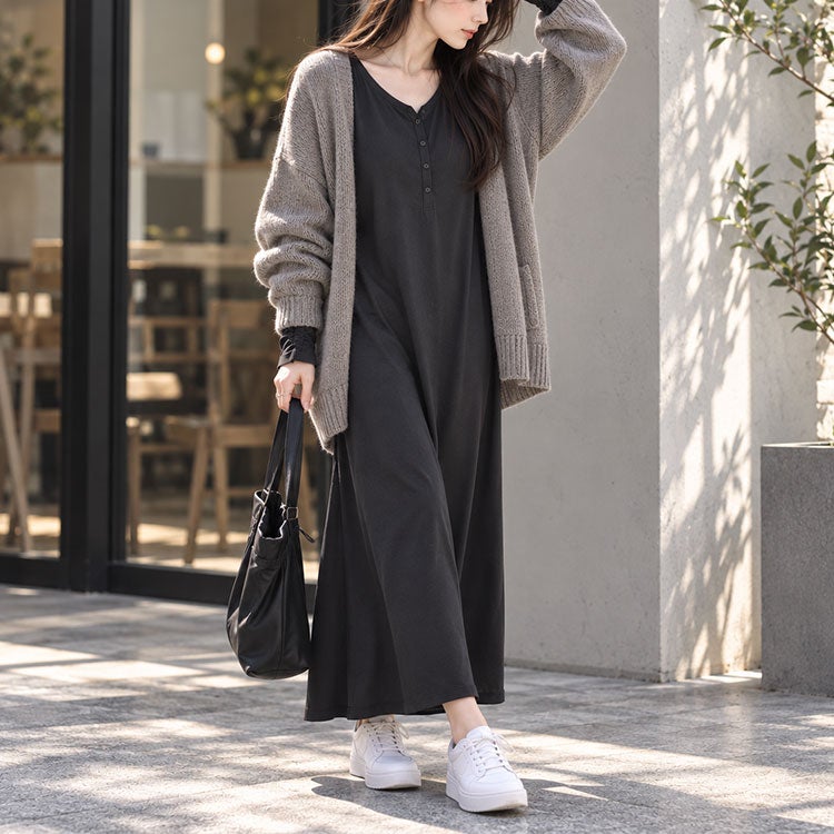 大きいサイズ レディース 袖シャーリングヘンリーネックワンピース　fem-607