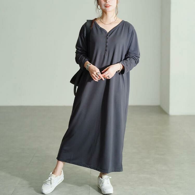 大きいサイズ レディース 袖シャーリングヘンリーネックワンピース　fem-607 グレー