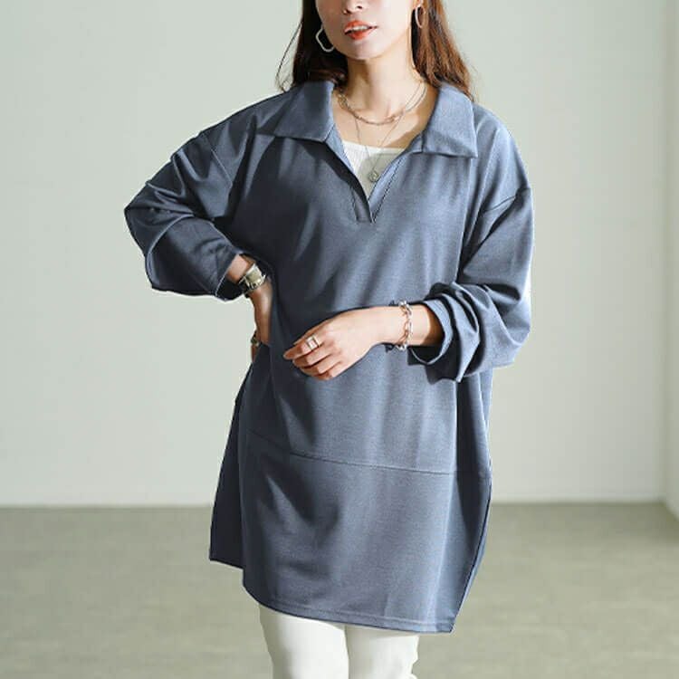 大きいサイズ レディース スキッパーカラーコクーンチュニック　fem-606