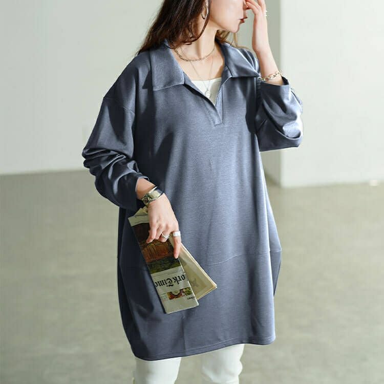大きいサイズ レディース スキッパーカラーコクーンチュニック fem-606