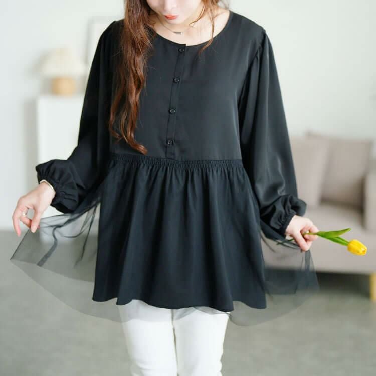 大きいサイズ レディース チュールドッキングペプラムチュニック　fem-604 【メール便可】 ブラック