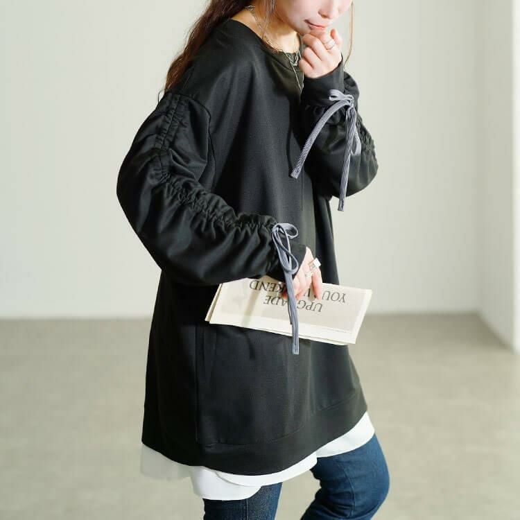 大きいサイズ レディース ドロストスリーブプルオーバー　fem-603 ブラック