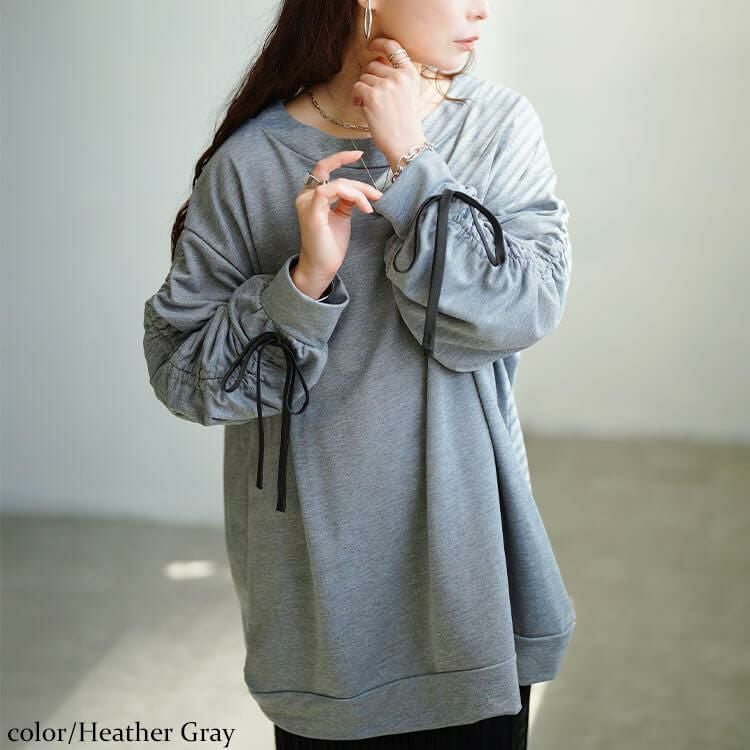 大きいサイズ レディース ドロストスリーブプルオーバー　fem-603 杢グレー