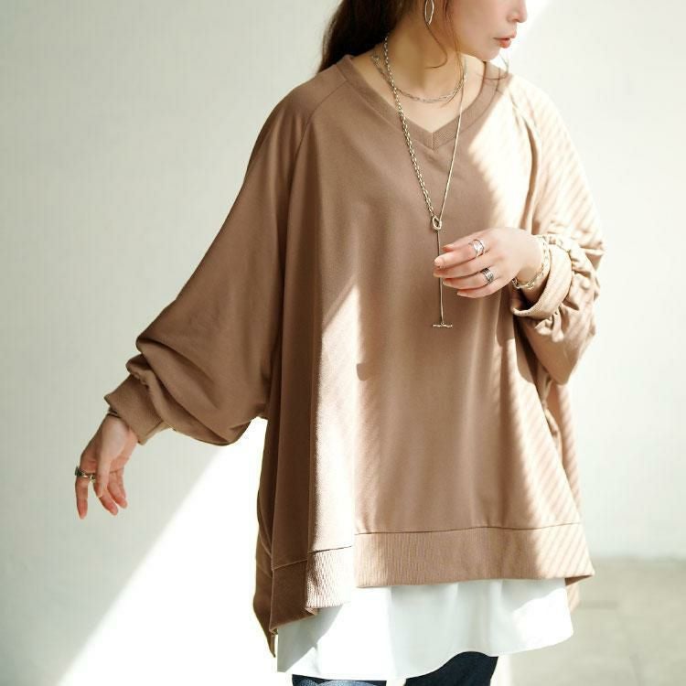 大きいサイズ レディース ステップヘムドルマンワイドチュニック　bai-0199 モカ