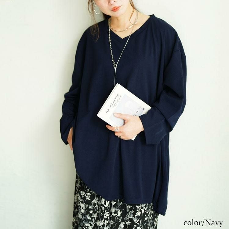 大きいサイズ レディース Vネックバックドロストチュニック　bai-0198 ネイビー