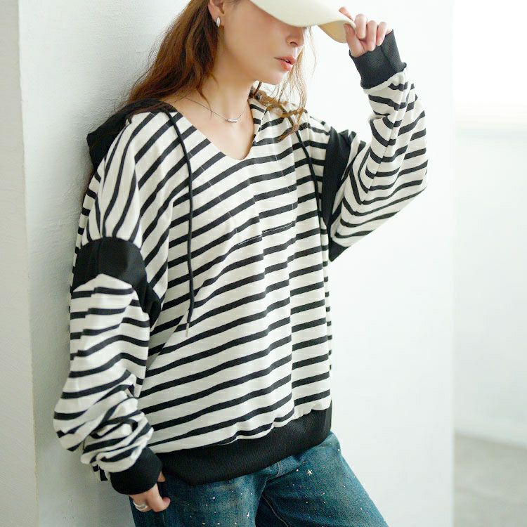 大きいサイズ レディース ボーダー柄Vネックスウェットパーカー　goldy-1762