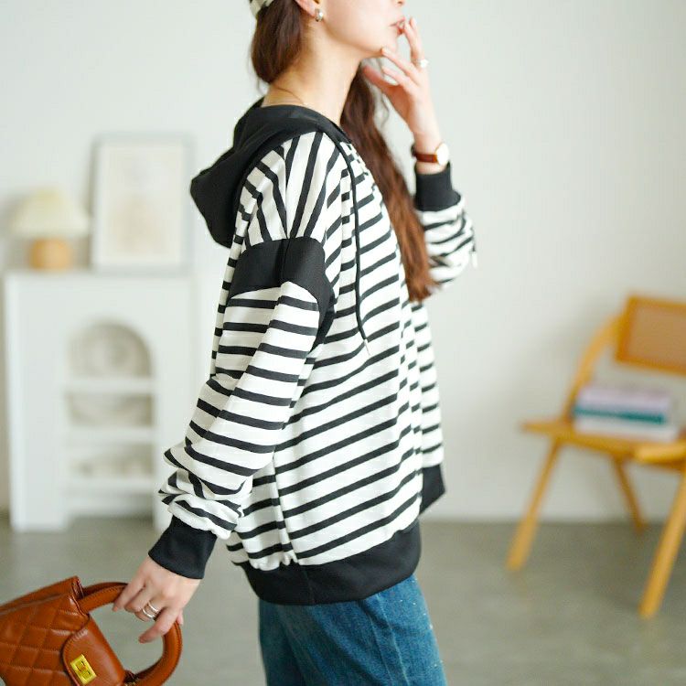 大きいサイズ レディース ボーダー柄Vネックスウェットパーカー　goldy-1762