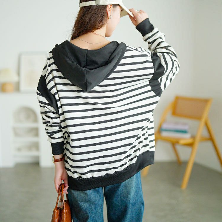 大きいサイズ レディース ボーダー柄Vネックスウェットパーカー　goldy-1762