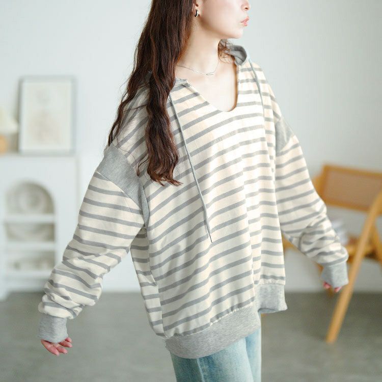 大きいサイズ レディース ボーダー柄Vネックスウェットパーカー　goldy-1762