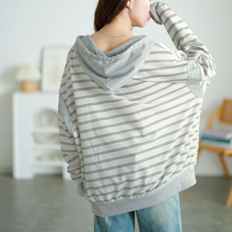 大きいサイズ レディース ボーダー柄Vネックスウェットパーカー　goldy-1762