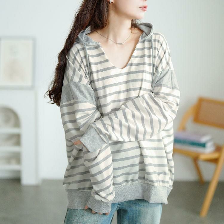 大きいサイズ レディース ボーダー柄Vネックスウェットパーカー　goldy-1762 グレー