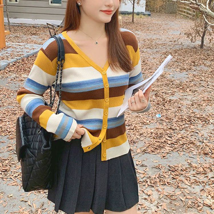 大きいサイズ レディース カラフルボーダーVネックニットカーディガン　goldy-1754