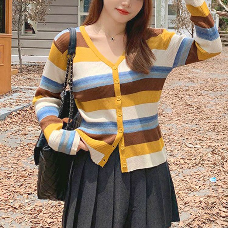 大きいサイズ レディース カラフルボーダーVネックニットカーディガン　goldy-1754