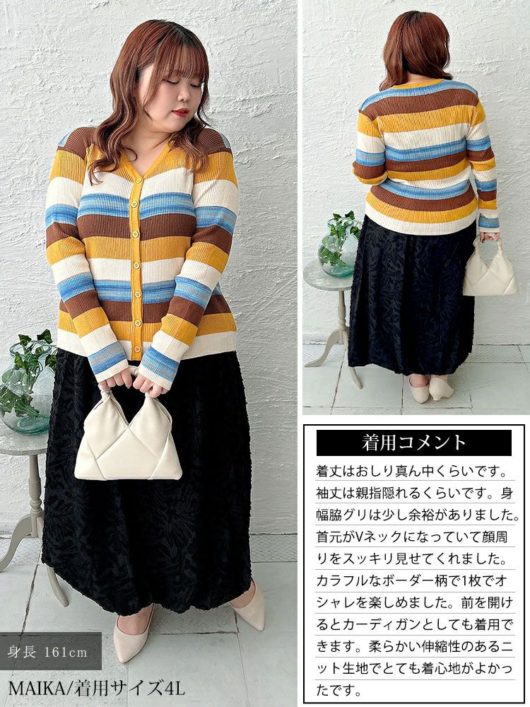 大きいサイズ レディース カラフルボーダーVネックニットカーディガン　goldy-1754
