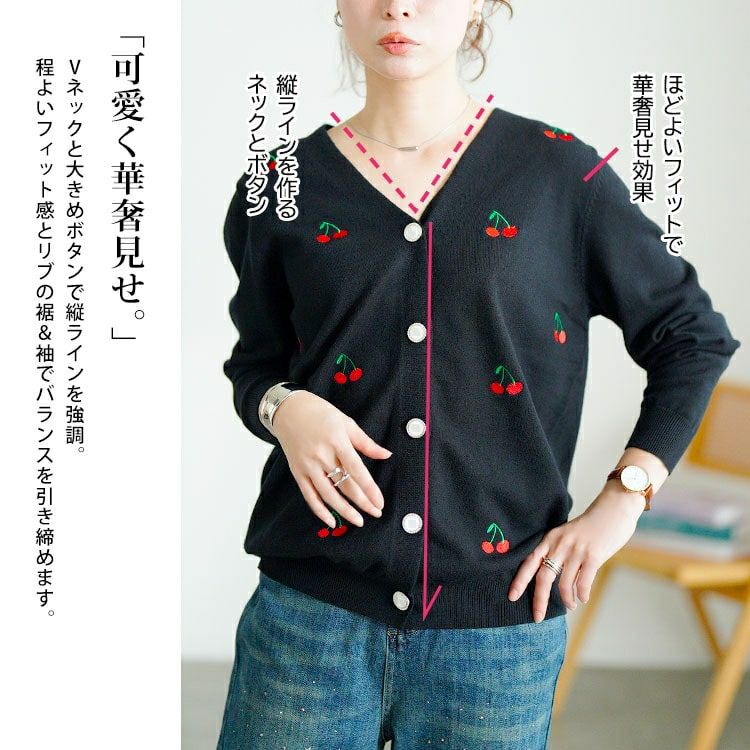 大きいサイズ レディース さくらんぼ柄Vネックニットカーディガン