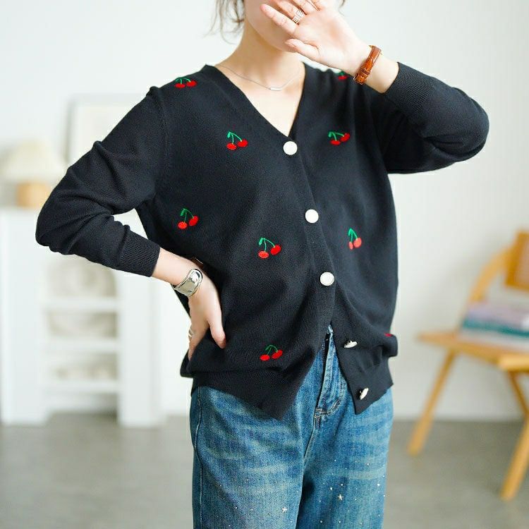 大きいサイズ レディース さくらんぼ柄Vネックニットカーディガン　goldy-1753