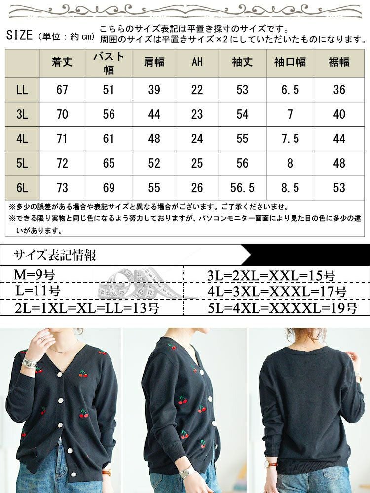 大きいサイズ レディース さくらんぼ柄Vネックニットカーディガン　goldy-1753