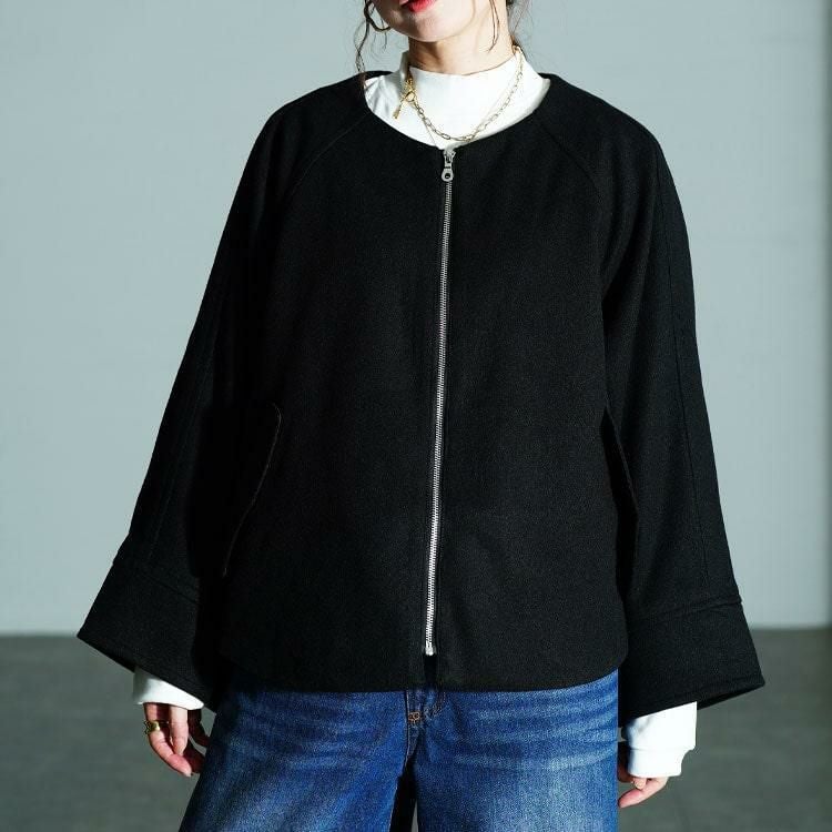 大きいサイズ レディース ノーカラードルマンZIPジャケット　mnfk-552832 ブラック