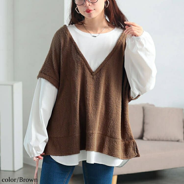 大きいサイズ レディース ラメシャギーベスト重ね着風プルオーバー　maru-30200