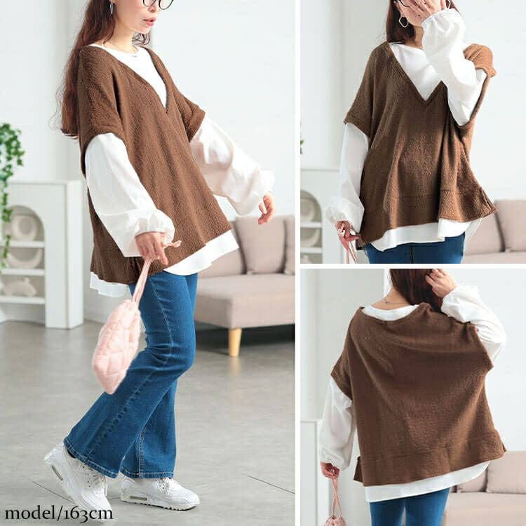 大きいサイズ レディース ラメシャギーベスト重ね着風プルオーバー　maru-30200