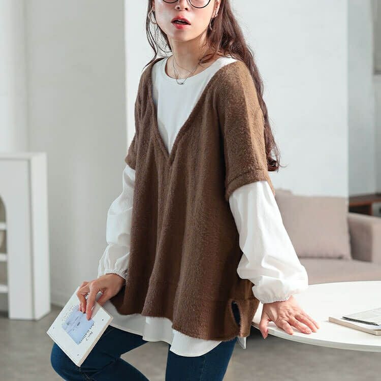 大きいサイズ レディース ラメシャギーベスト重ね着風プルオーバー　maru-30200