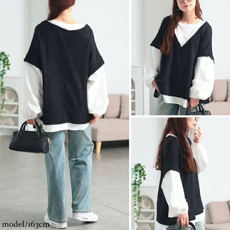 大きいサイズ レディース ラメシャギーベスト重ね着風プルオーバー　maru-30200