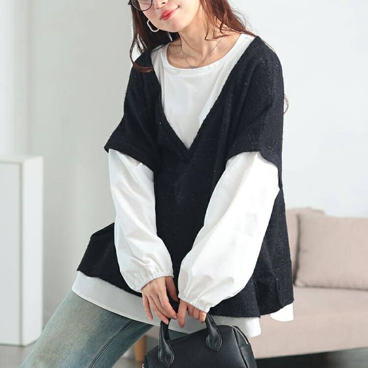 大きいサイズ レディース ラメシャギーベスト重ね着風プルオーバー　maru-30200